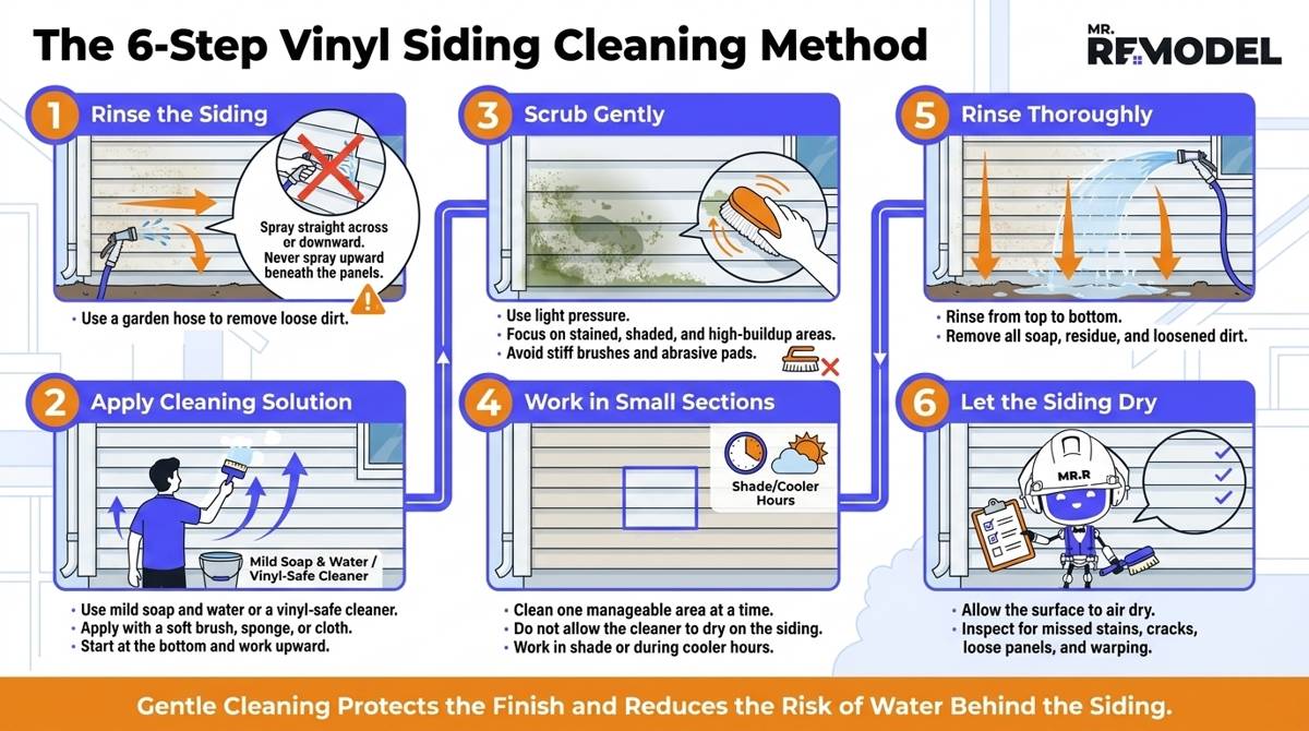 Six-step vinyl siding cleaning process showing rinsing, applying cleaner, gentle scrubbing, section-by-section washing, thorough rinsing, and final inspection.